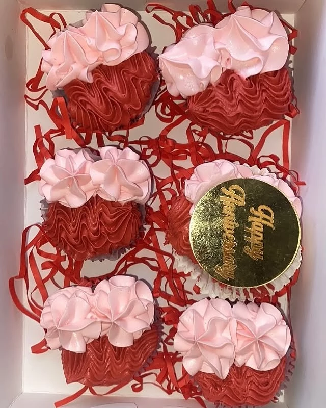Anniversary cupcakes with red creamy design for life partner celebrations - Romantic Cupcakes Karachi By Whisk And Sift